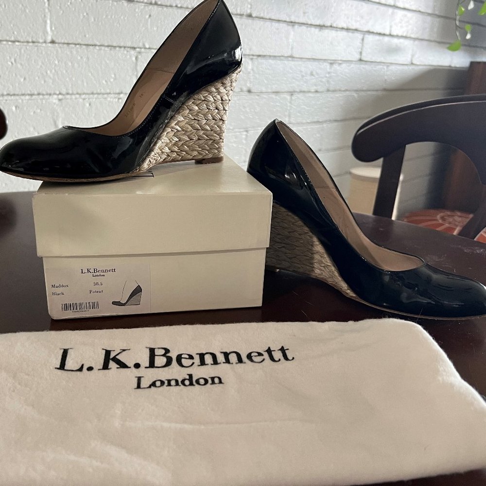 L.K. Bennett Maddox Wedge Black Patent Leather 38.5